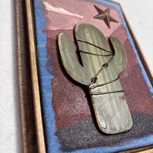 Mixed Media Art Saguaro Cactus Tan Mauve Sunset Star Desert Wood Southwest 6 x 8 - Picture 4 of 8